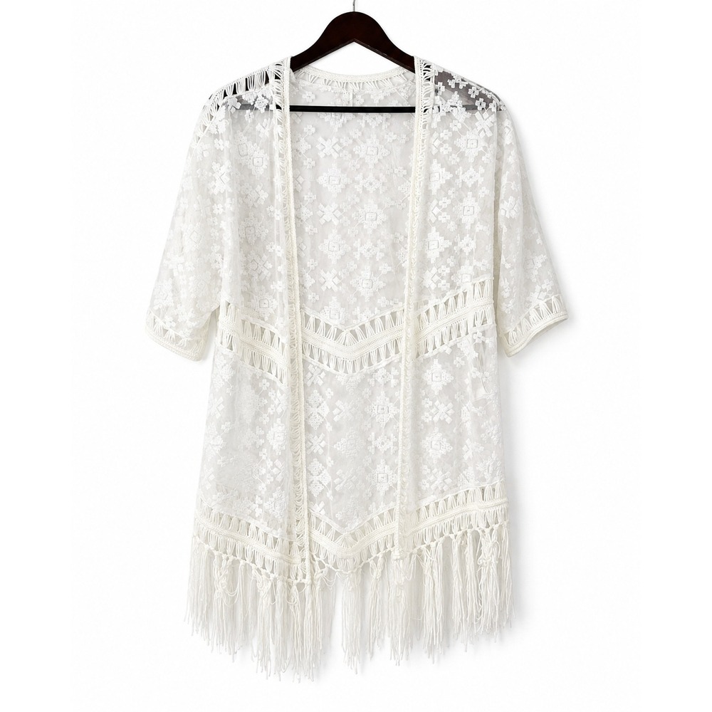Chico's Kimono Women 1 Sz M Ivory EUC Lace Embroidered Fringe Boho Wrap Cardigan